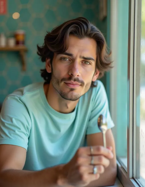 Man in an old-fashioned ice-cream shop holding up a spoon