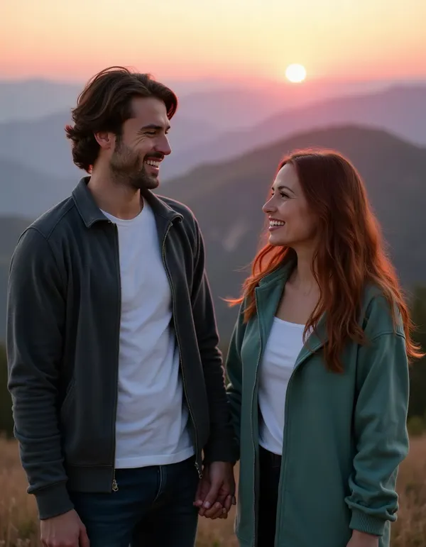 Couple holding hands at a mountain lookout at sunrise