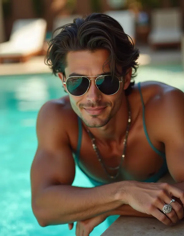 Man leaning at a resort pool bar in bright sun