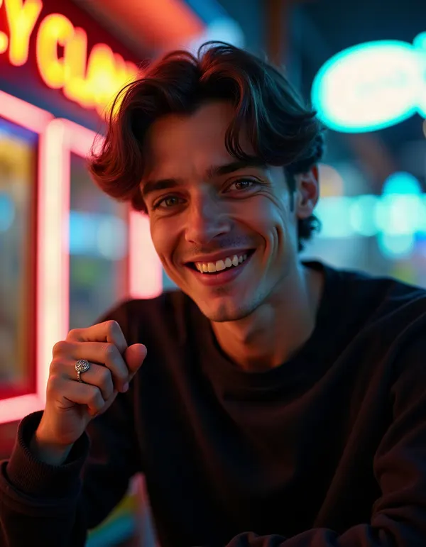 Man inside a neon arcade turning with a smile