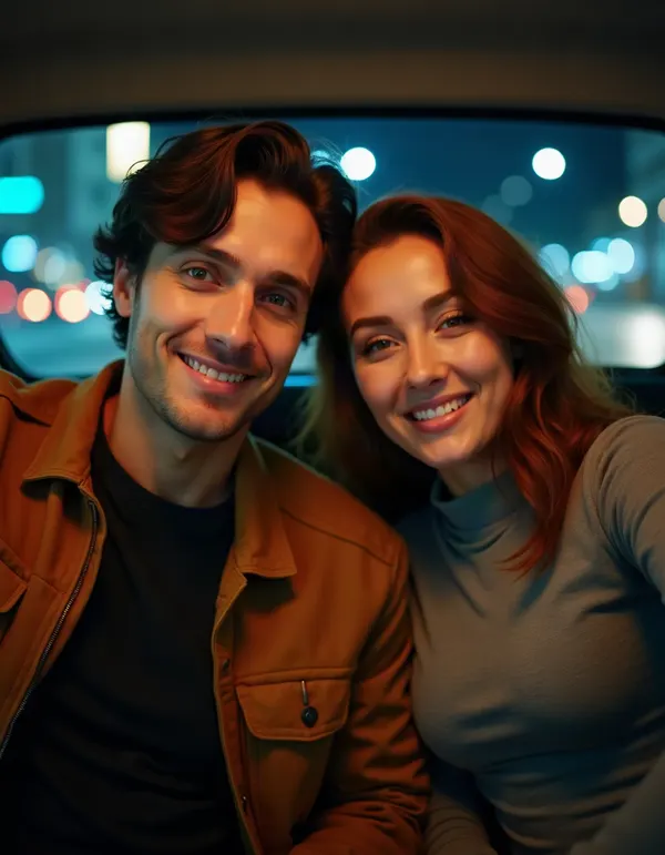 Couple taking a selfie in the back of a taxi