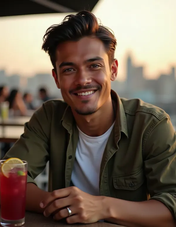 Man smiling at a rooftop bar at sunset