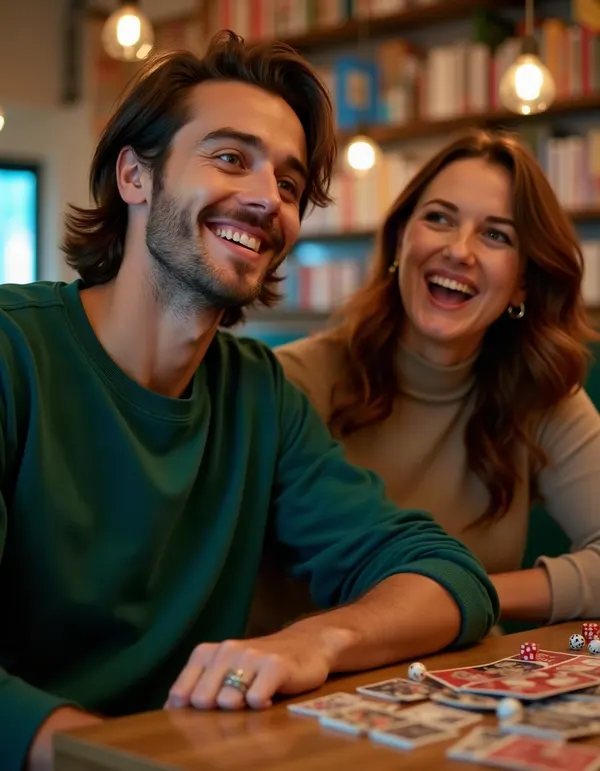 Couple laughing at a board-game café table