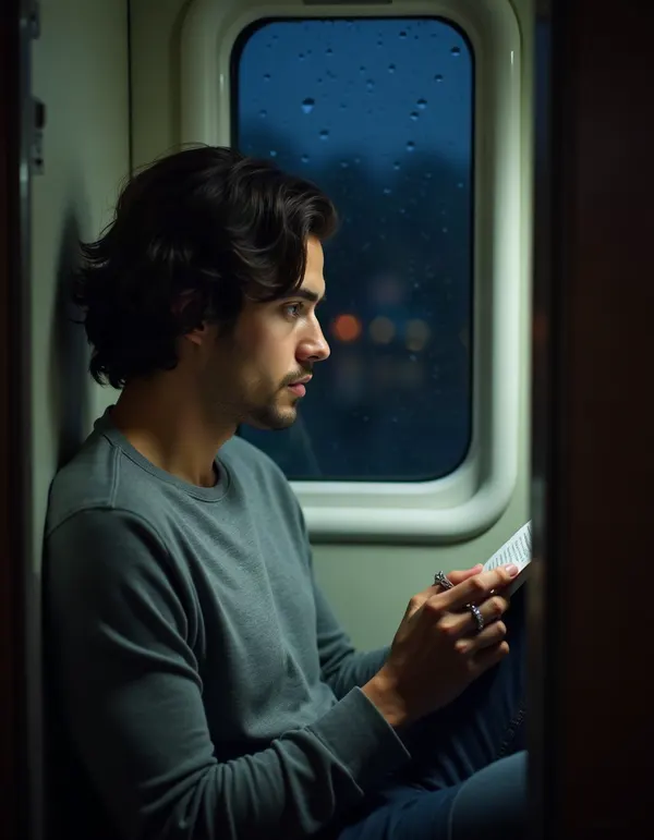 Man in a night train sleeper cabin by a rainy window