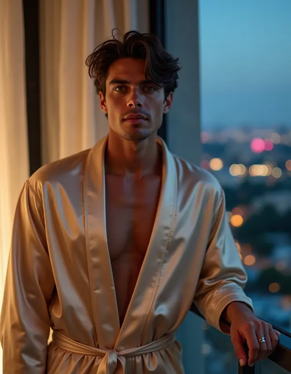 Man on a hotel balcony at blue hour