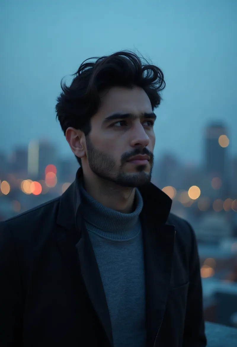 Man on a city rooftop at blue hour in a tailored jacket