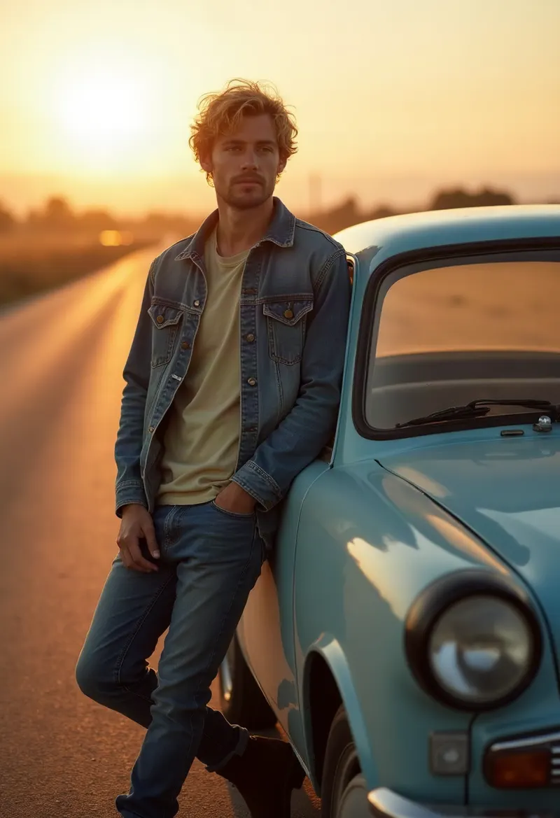 Man leaning against a vintage car on a roadside at golden hour