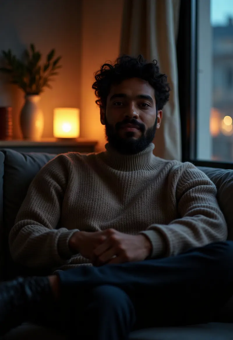 Man sitting on a sofa in a softly lit apartment at night