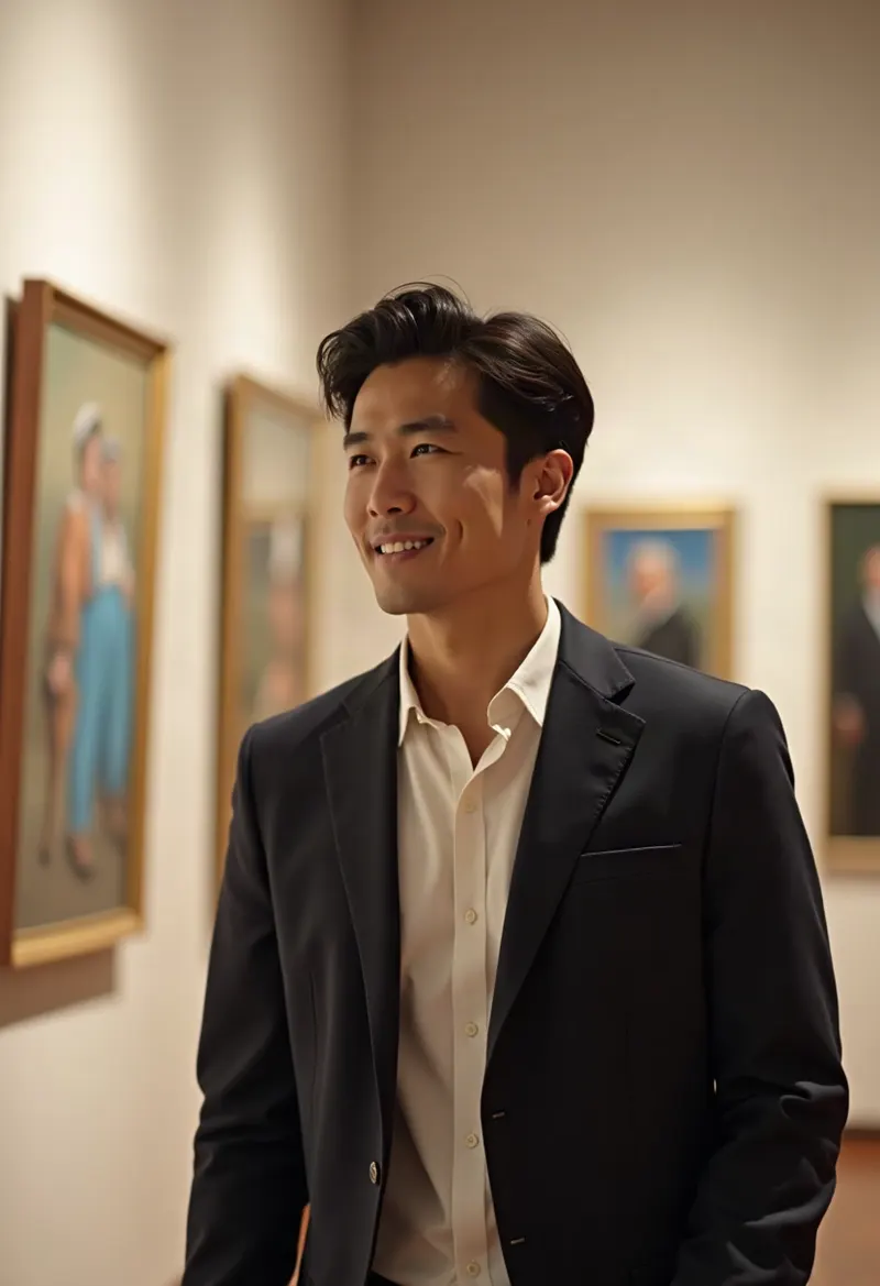 Man walking through a contemporary art gallery in a blazer