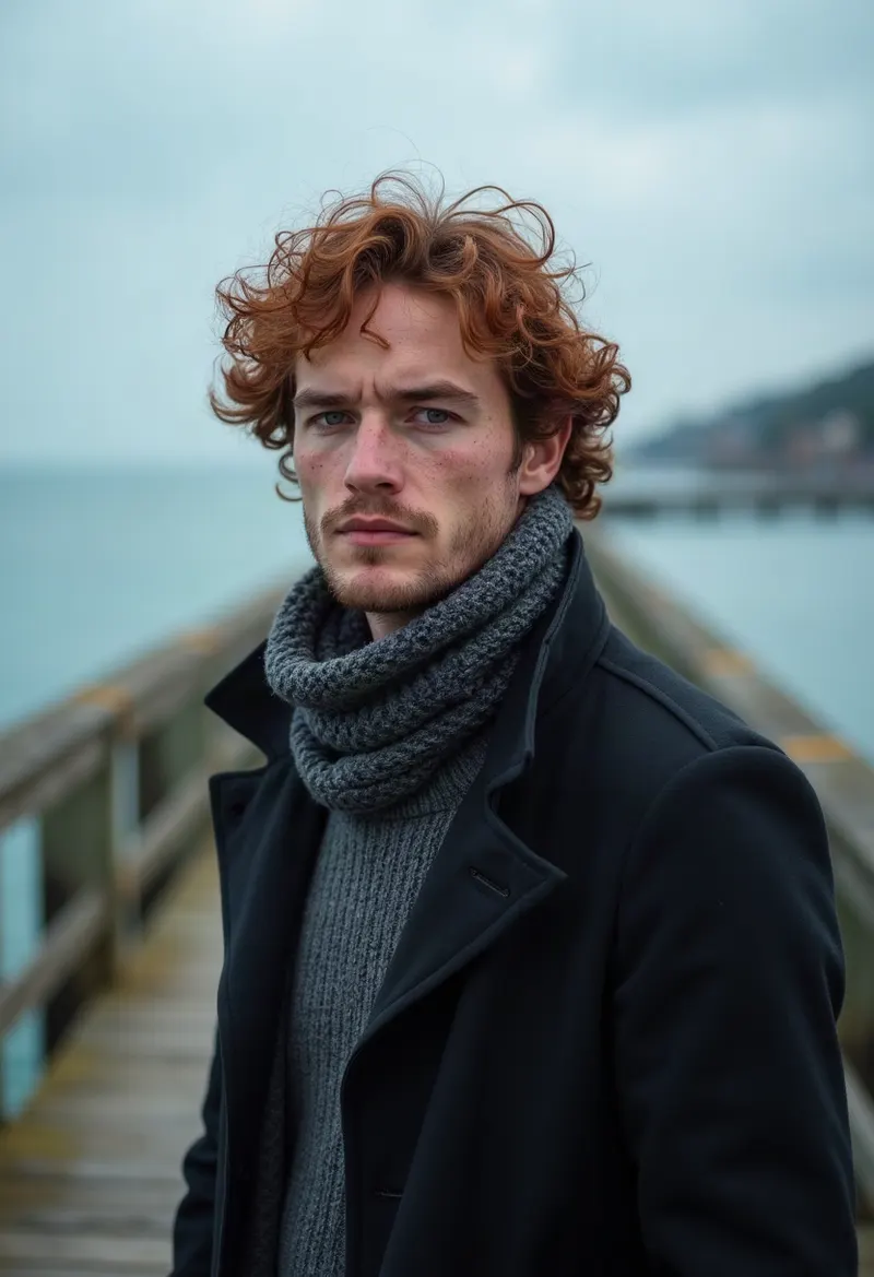 Man standing on a wooden pier by the sea in an overcoat and scarf