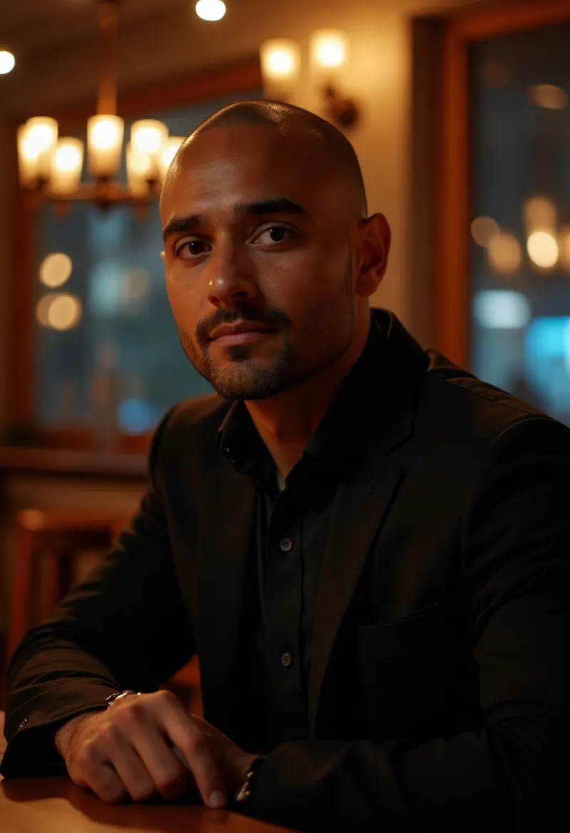 Man seated at an elegant bar after hours in a black shirt and coat
