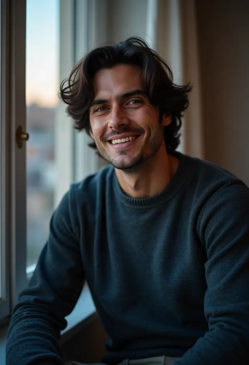 Man in a soft sweater by a window
